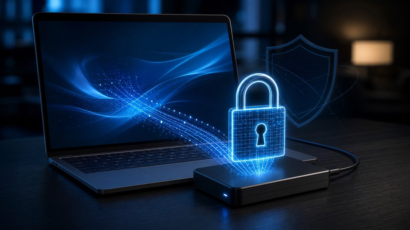 Encrypted laptop and external drive protected by a glowing lock